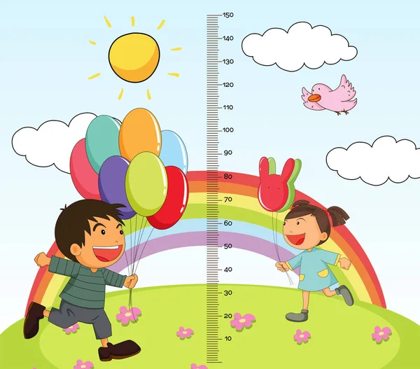 Gráfico de crescimento mearsure com menina e menino no parque — Vetor de Stock