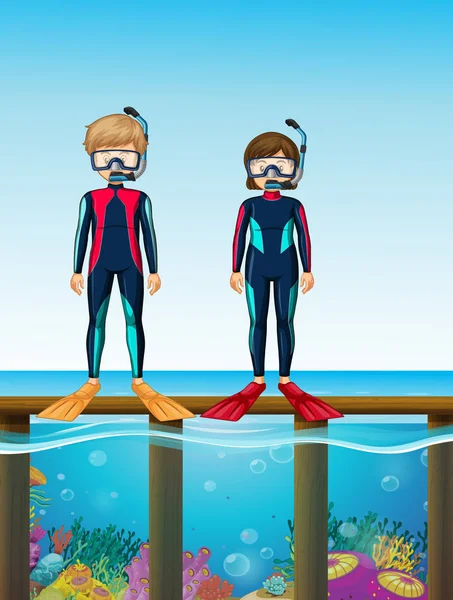 Deux plongeurs debout sur le pont — Image vectorielle
