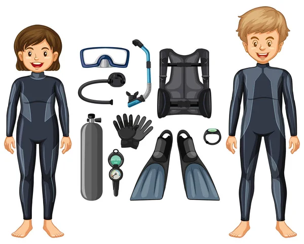 Scuba divers in wetsuit and different equipments — Stock Vector