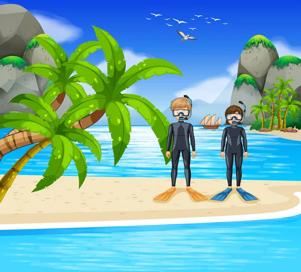 两名潜水员在海边 — 图库矢量图片