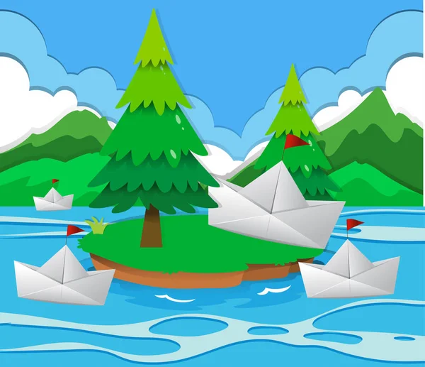 Barcos de papel flotando en el lago — Vector de stock