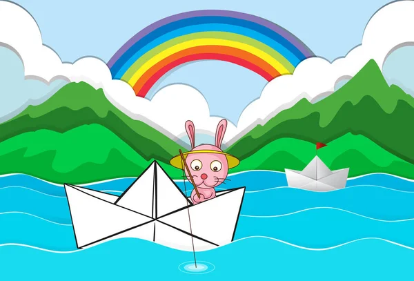 Origami barco con pesca de conejo — Vector de stock