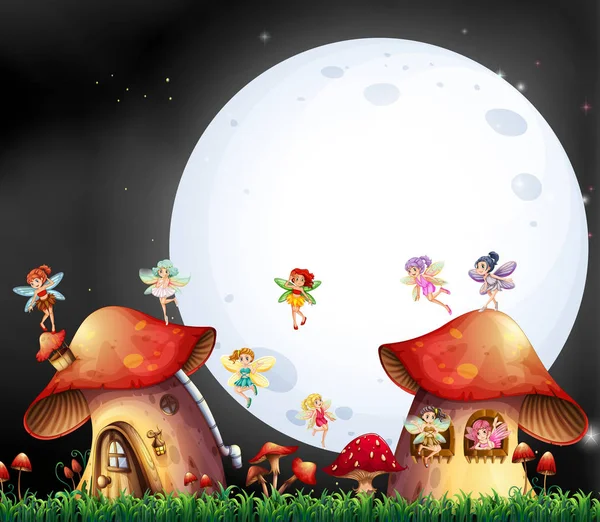 可爱的小精灵，飞越蘑菇房子 — 图库矢量图片