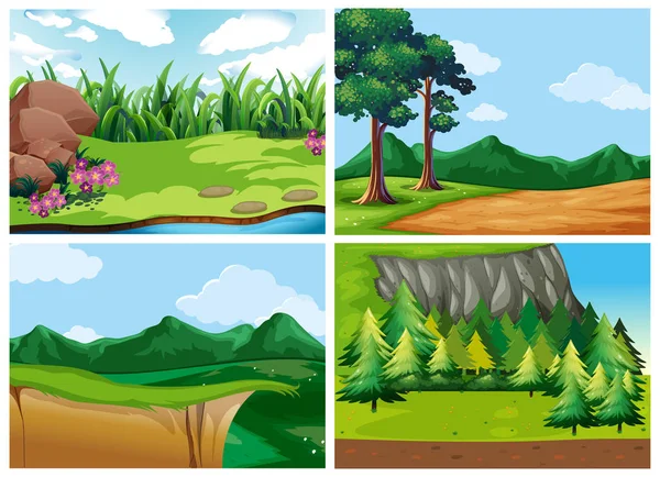 Cuatro escenas del bosque durante el día — Archivo Imágenes Vectoriales