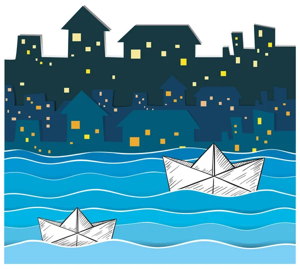 Paper boats floating along the river in city — Stock Vector