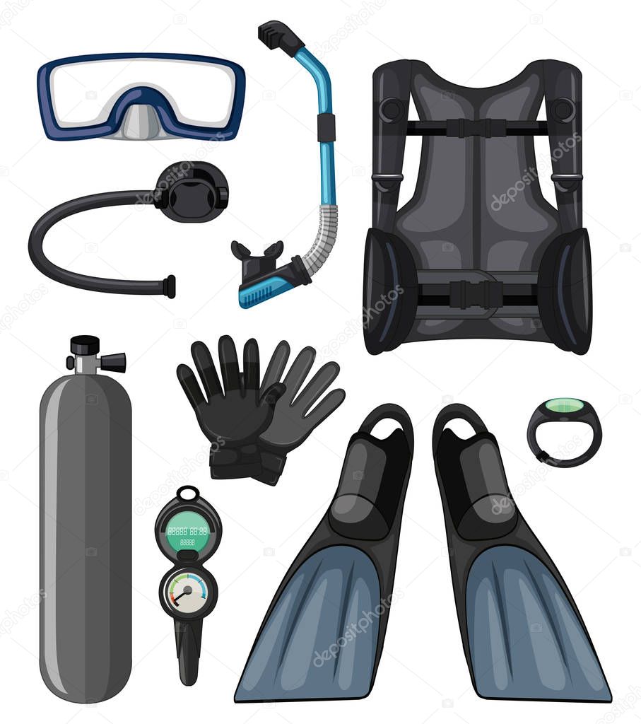 Different diving equipments in black color