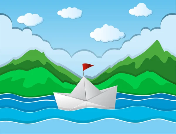 Nehir boyunca yüzen kağıt tekne — Stok Vektör