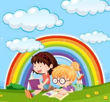 Gökkuşağı gökyüzü ile Park kitap okuma kızlar