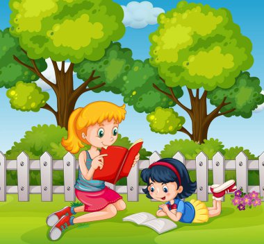 İki kız bahçede kitap okuma 
