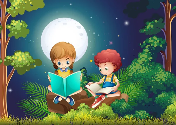 Boy and girl reading books in the woods at night — Stock Vector