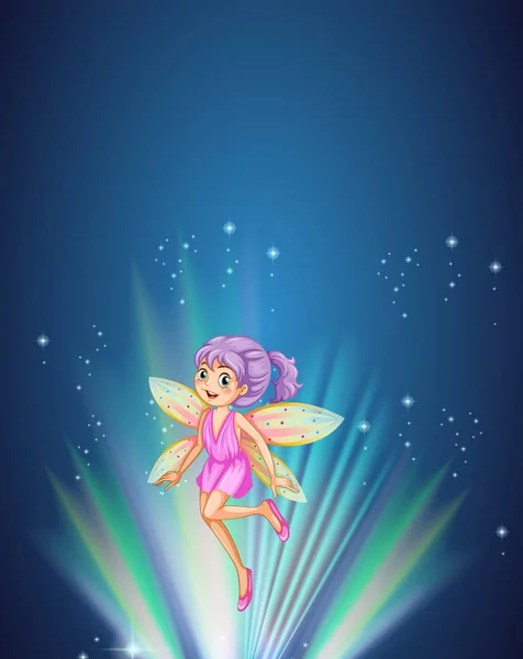 Cute fairy with colorful wings flying at night — Stock Vector