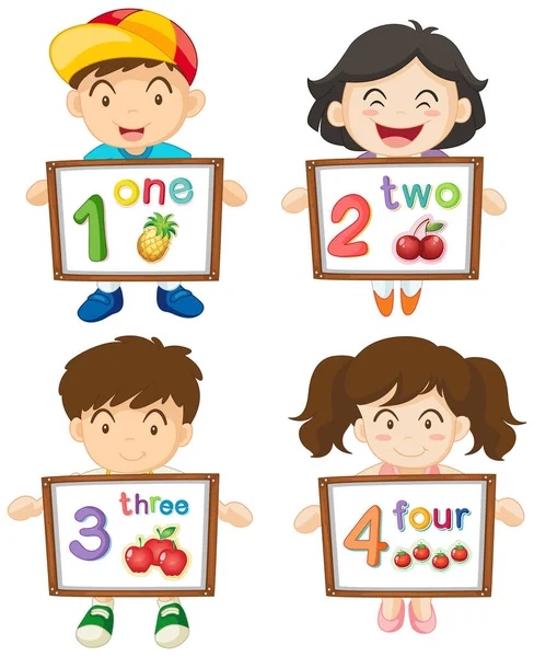 Niños con números uno a cuatro en los tableros — Archivo Imágenes Vectoriales