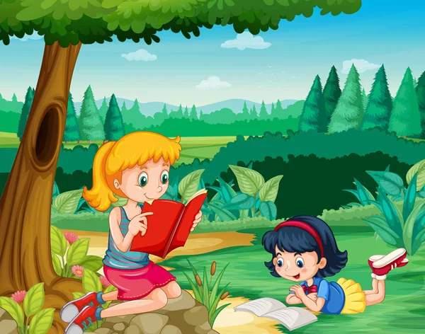 Dos chicas leyendo libros en el parque — Vector de stock