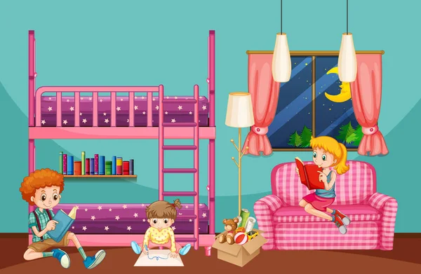 Niños leyendo y dibujando en el dormitorio — Vector de stock