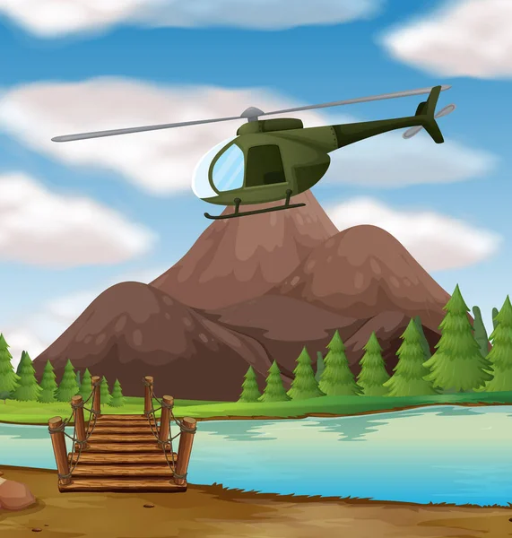 Helicóptero volando sobre el río — Vector de stock