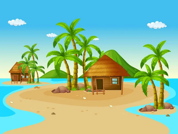 Scena z drewnianych domków na wyspie — Wektor stockowy