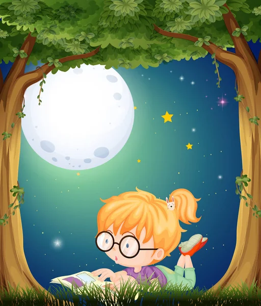 Niña leyendo en el parque por la noche — Vector de stock