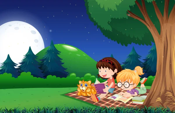 Las niñas leyendo libro en el jardín por la noche — Vector de stock