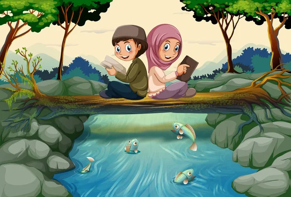 Dvě muslimské děti čtení knih v lese — Stockový vektor