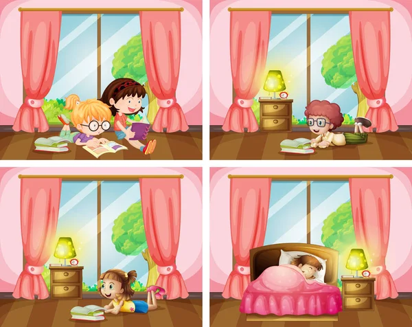 Children reading books and sleeping in bedroom — Stock Vector