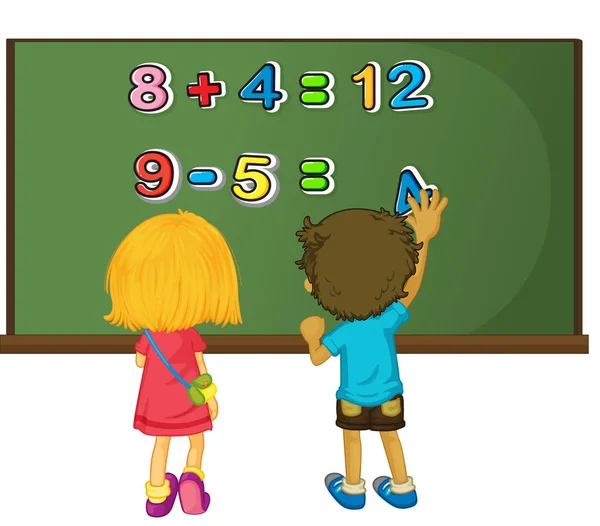 Two kids solving math problem on board — Stock Vector