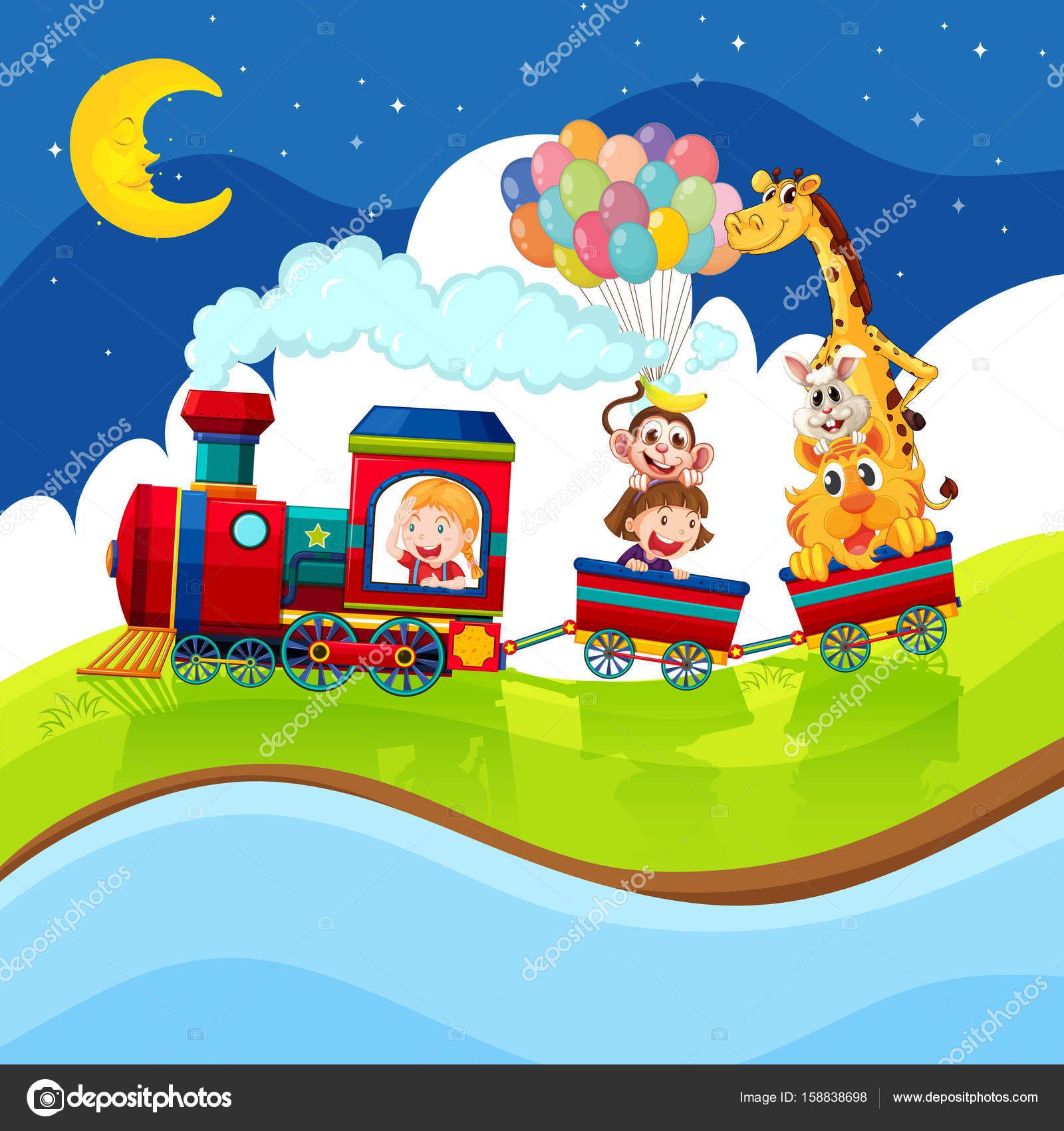 Bambini e animali cavalcando il treno all illustrazione di notte — Vettoriali di interactimages Trova immagini simili