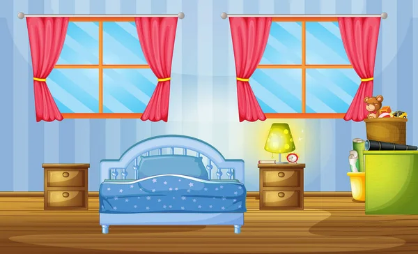 Υπνοδωμάτιο με μπλε κρεβάτι και ταπετσαρία — Διανυσματικό Αρχείο