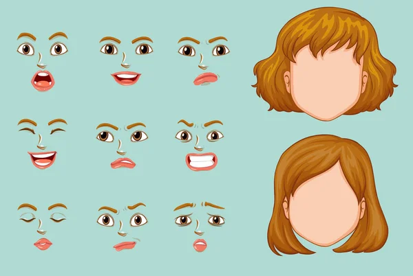 Rostros de mujer con diferentes expresiones — Vector de stock