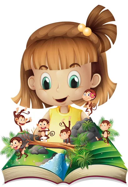 Little girl and book of monkeys in jungle — Stock Vector