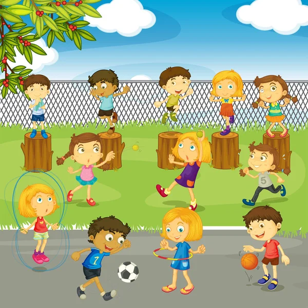 Muchos niños jugando en el parque — Vector de stock