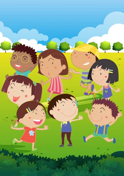 Niños felices jugando en el parque — Vector de stock