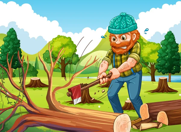 Escena con leñador cortando árboles — Vector de stock