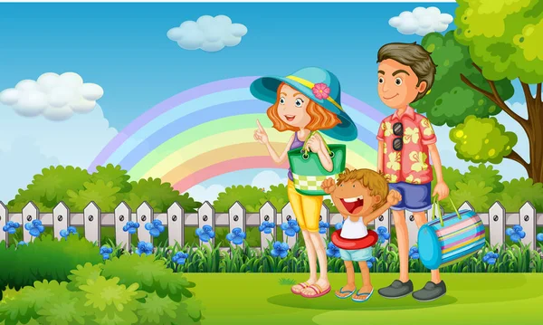 Famiglia nel parco il giorno dell'arcobaleno — Vettoriale Stock