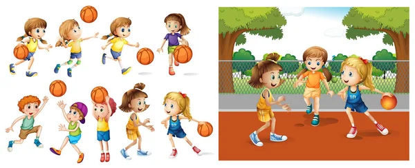 Meninas e meninos jogando basquete — Vetor de Stock