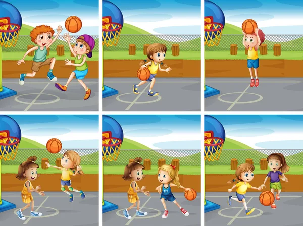 Meninos e meninas jogando basquete —  Vetores de Stock