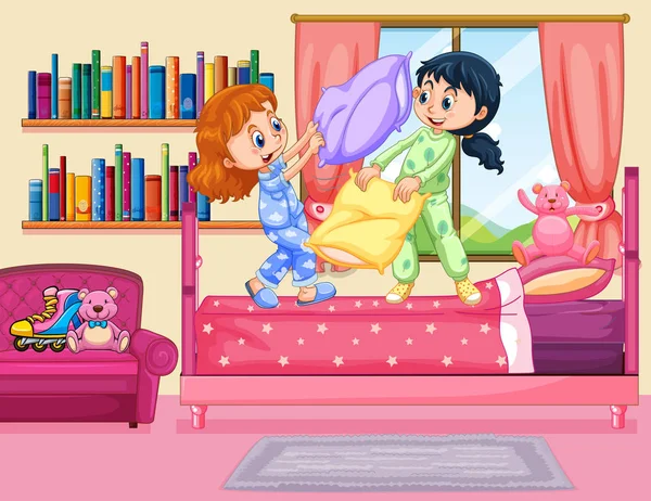 Two girls pillow fighting in bedroom