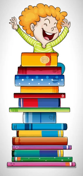 Happy boy standing on stack of books — Stock Vector