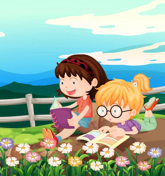 Dos niñas leyendo libro en el jardín — Vector de stock