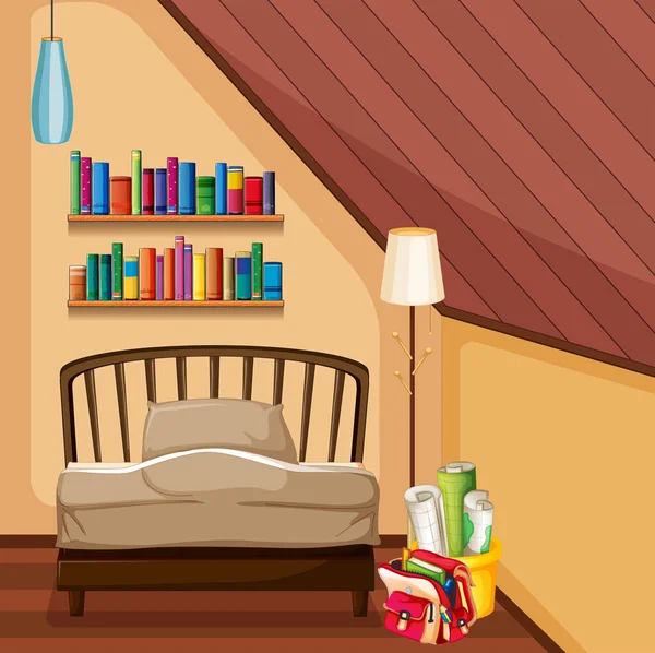 Schlafzimmer mit Bett und Bücherregalen — Stockvektor