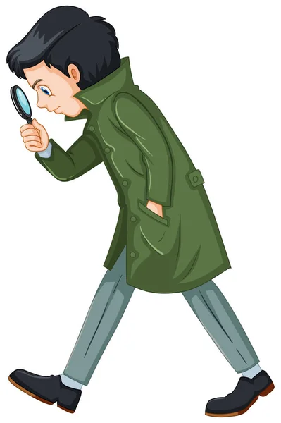 Detective in green overcoat holding magnifying glass — Stock Vector