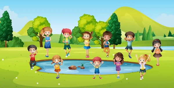 Chlapci a dívky stojí kolem rybníka — Stockový vektor