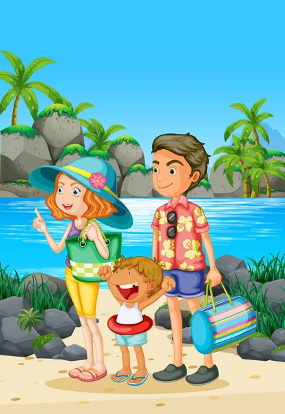 Family trip  with parents and kid on the beach — Stock Vector