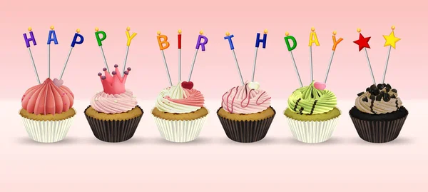 Lycklig födelsedag kort mall med cupcakes — Stock vektor