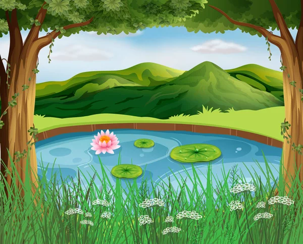 Forest scene with pond and mountains — Stock Vector