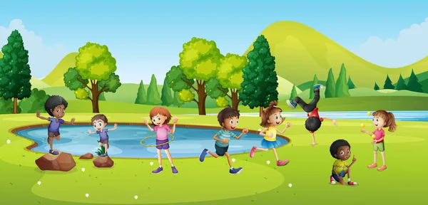 Šťastné děti hrají v parku — Stockový vektor