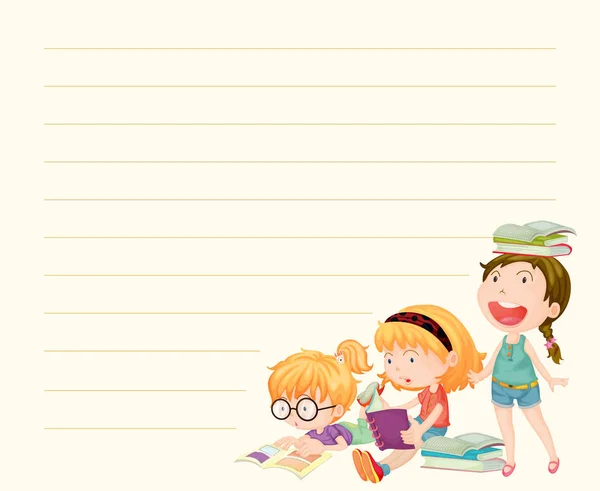 Πρότυπο γραμμής χαρτί με κορίτσια ανάγνωση βιβλίων — Διανυσματικό Αρχείο