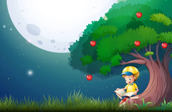 リンゴの木の下で本を読んでいる少年 — ストックベクタ