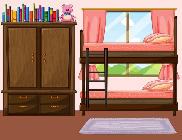 Dormitorio con litera y armario — Vector de stock