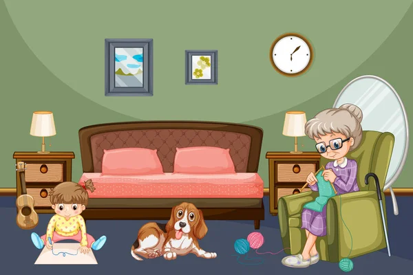 Abuela con niño y perro en la habitación — Vector de stock