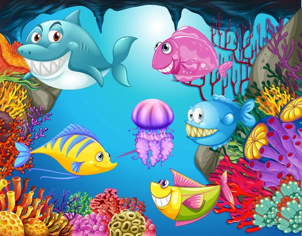 Many sea animals in the ocean — Stock Vector